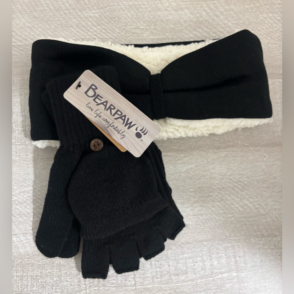 Bearpaw Black and Cream Winter Headband and Fingerless Gloves Set-New
